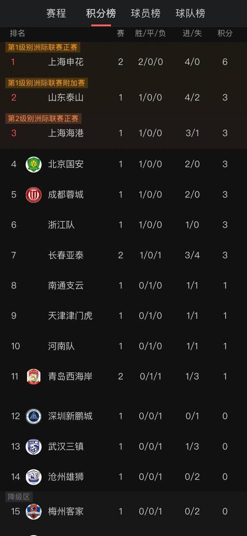 中超联赛最新积分榜最终排名
